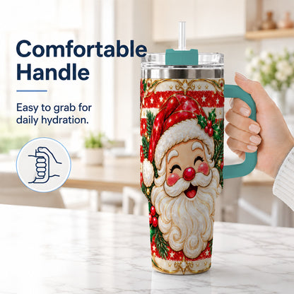 #pl[40oz|Green] Ornate Santa 40oz Tumbler with Handle, Poinsettia Travel Cup