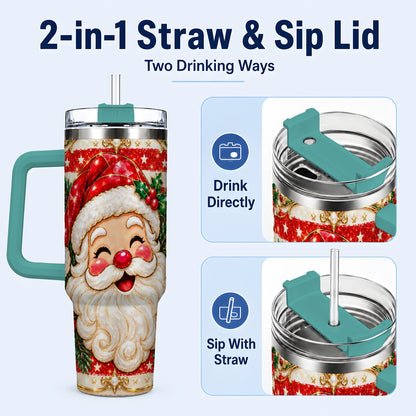 #pl[40oz|Green] Ornate Santa 40oz Tumbler with Handle, Poinsettia Travel Cup