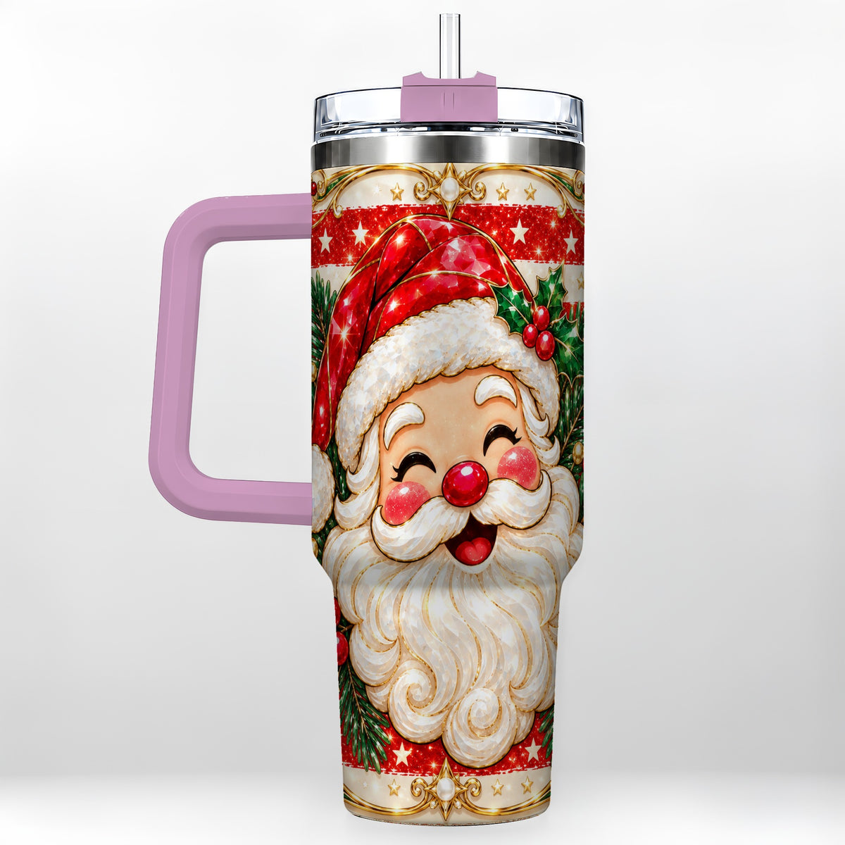 #pl[40oz|Pink] Ornate Santa 40oz Tumbler with Handle, Poinsettia Travel Cup