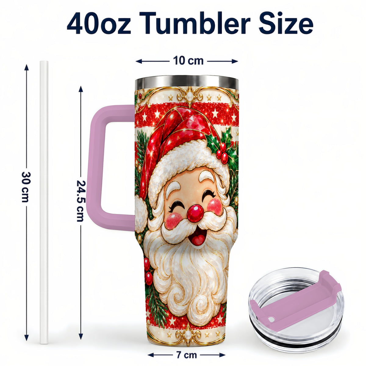 #pl[40oz|Pink] Ornate Santa 40oz Tumbler with Handle, Poinsettia Travel Cup