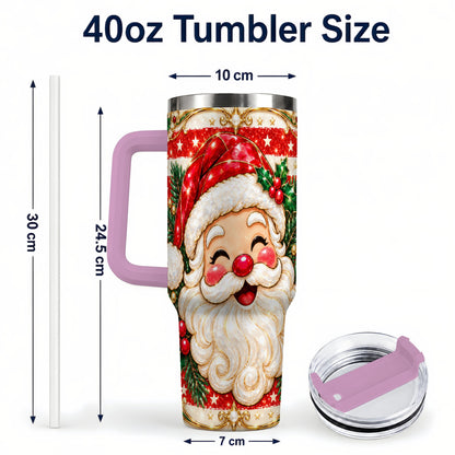 #pl[40oz|Pink] Ornate Santa 40oz Tumbler with Handle, Poinsettia Travel Cup