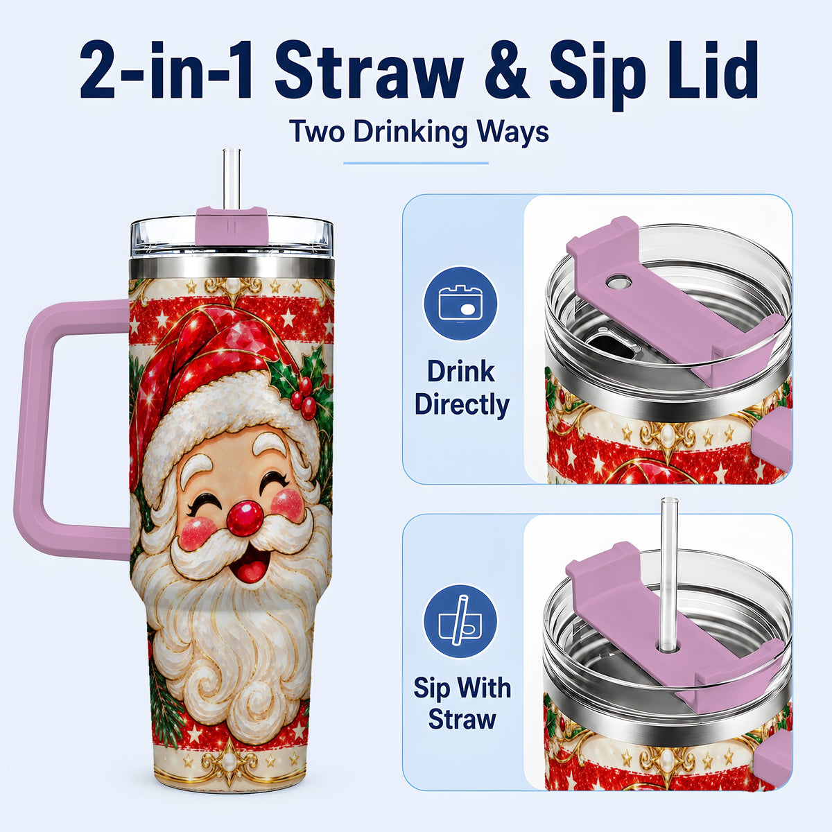 #pl[40oz|Pink] Ornate Santa 40oz Tumbler with Handle, Poinsettia Travel Cup