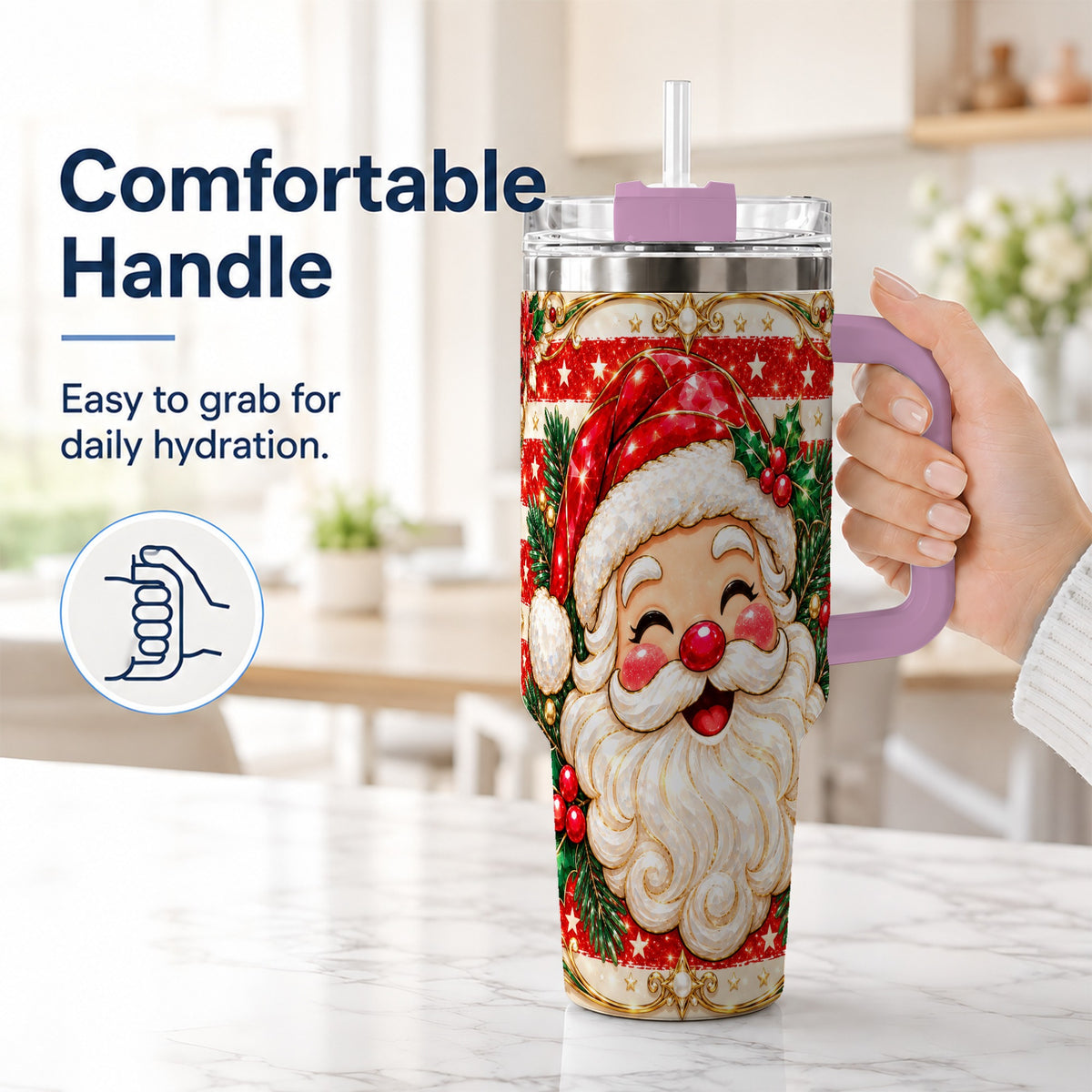 #pl[40oz|Pink] Ornate Santa 40oz Tumbler with Handle, Poinsettia Travel Cup