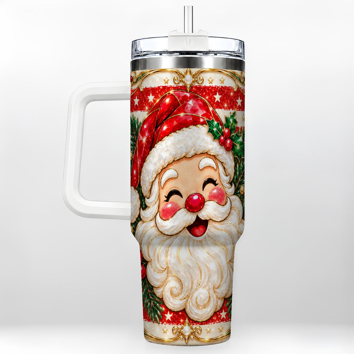 Ornate Santa 40oz Tumbler with Handle, Poinsettia Travel Cup