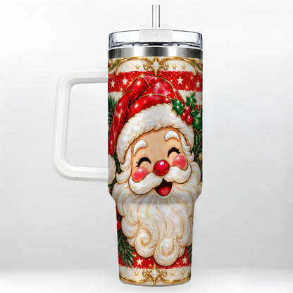 Ornate Santa 40oz Tumbler with Handle, Poinsettia Travel Cup
