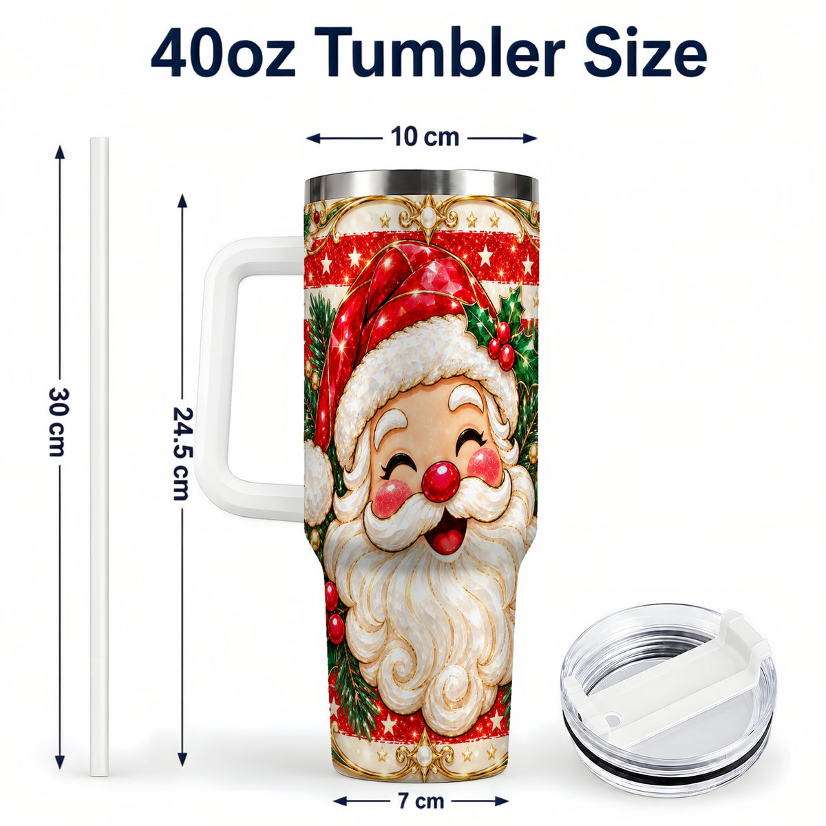 #pl[40oz|White] Ornate Santa 40oz Tumbler with Handle, Poinsettia Travel Cup