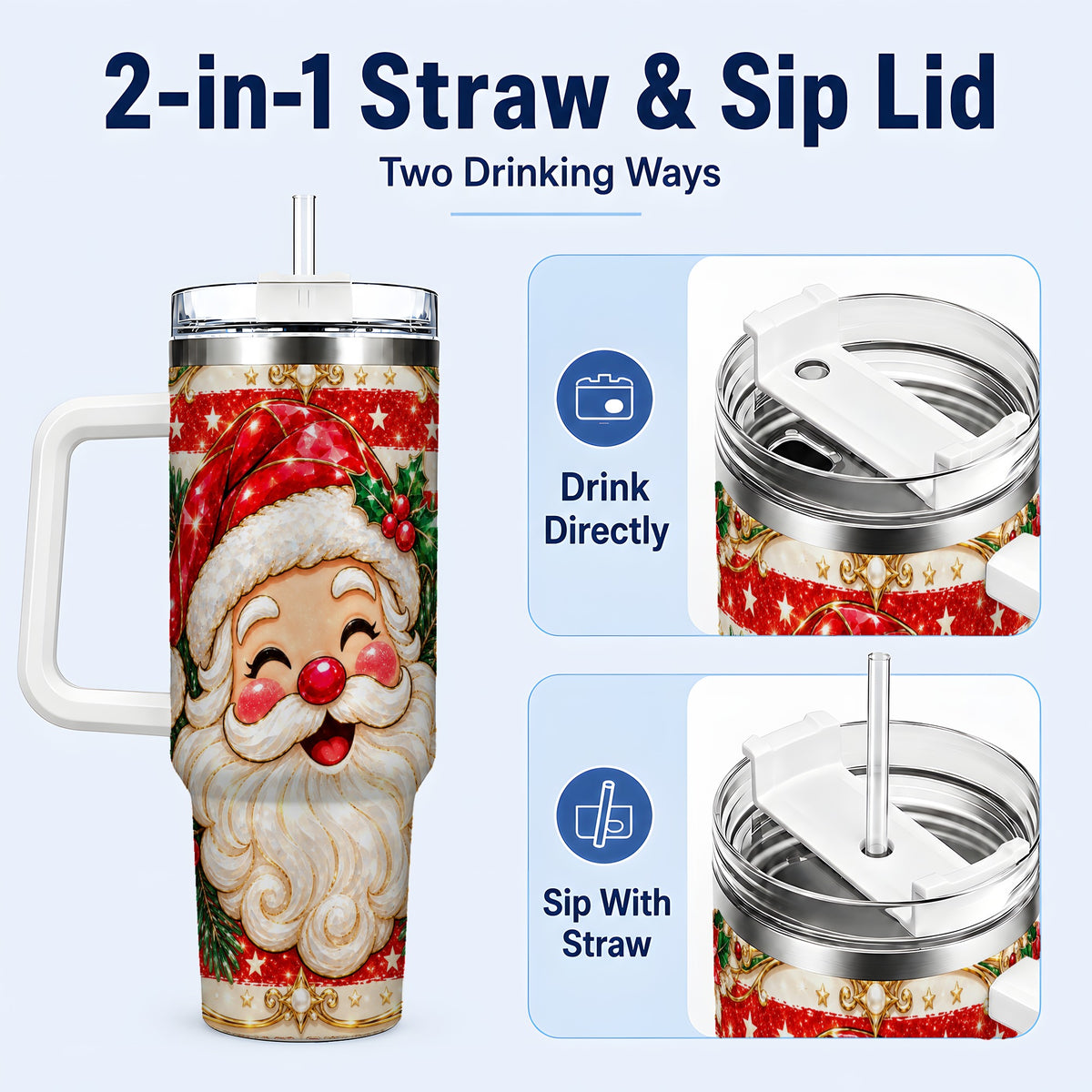 #pl[40oz|White] Ornate Santa 40oz Tumbler with Handle, Poinsettia Travel Cup