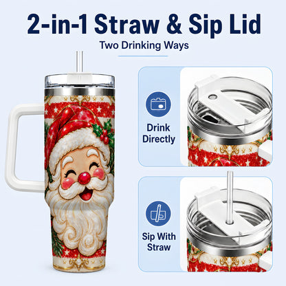 #pl[40oz|White] Ornate Santa 40oz Tumbler with Handle, Poinsettia Travel Cup