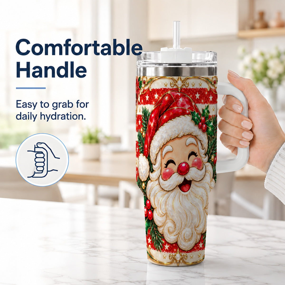 #pl[40oz|White] Ornate Santa 40oz Tumbler with Handle, Poinsettia Travel Cup