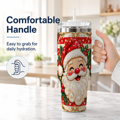 #pl[40oz|White] Ornate Santa 40oz Tumbler with Handle, Poinsettia Travel Cup