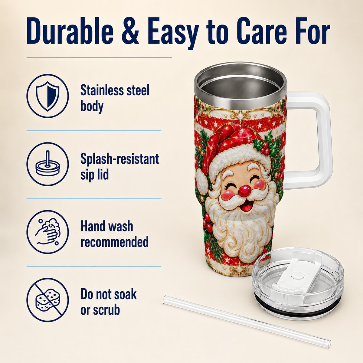 Ornate Santa 40oz Tumbler with Handle, Poinsettia Travel Cup