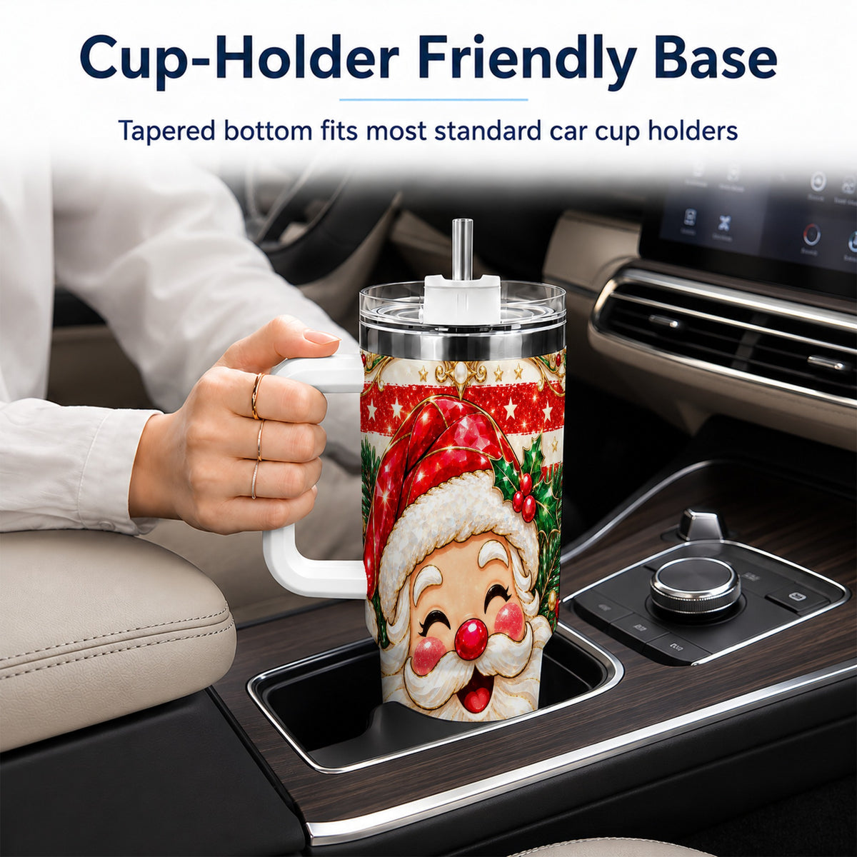 Ornate Santa 40oz Tumbler with Handle, Poinsettia Travel Cup