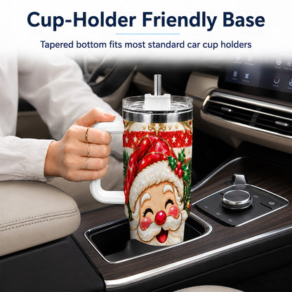 Ornate Santa 40oz Tumbler with Handle, Poinsettia Travel Cup