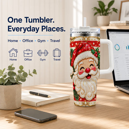 Ornate Santa 40oz Tumbler with Handle, Poinsettia Travel Cup