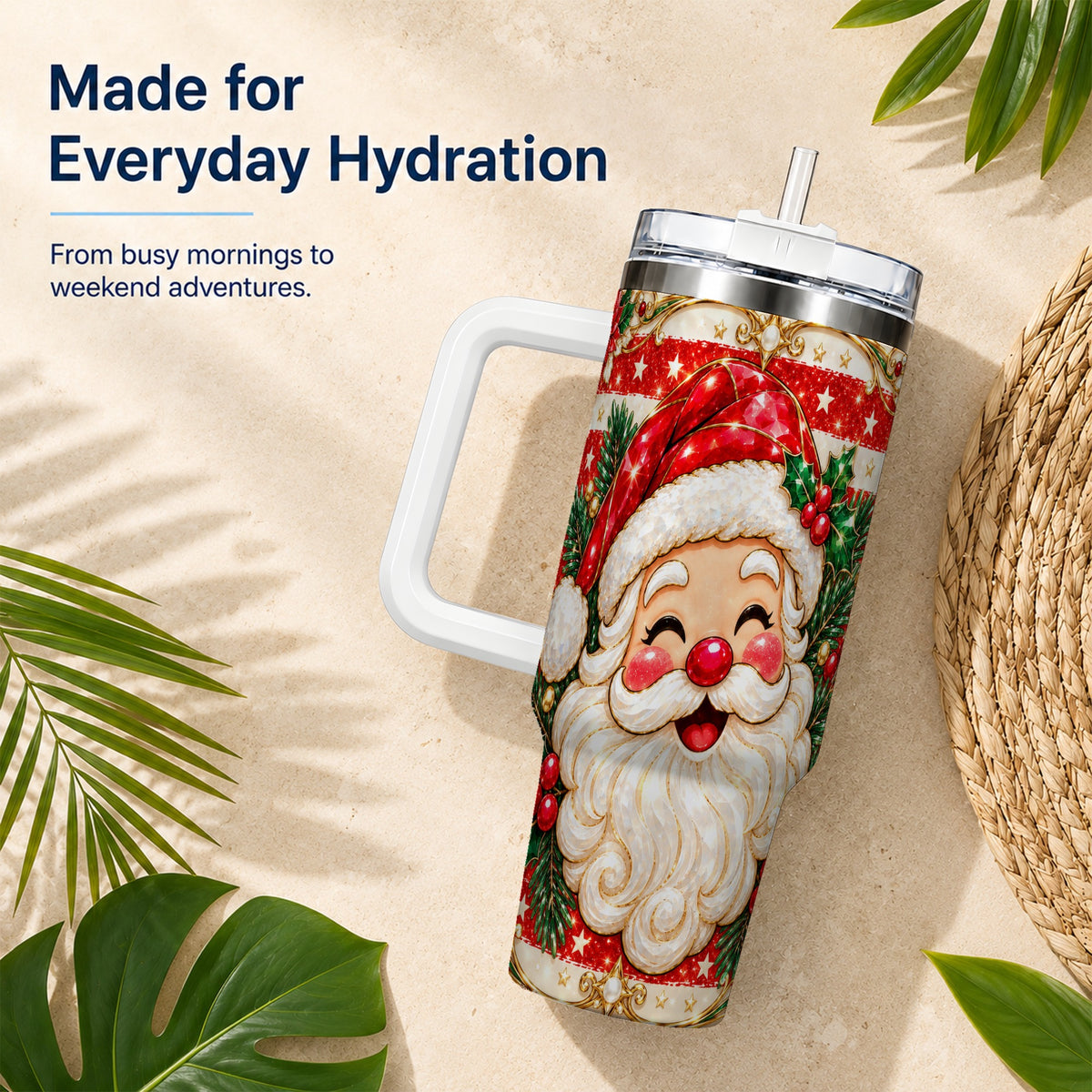 Ornate Santa 40oz Tumbler with Handle, Poinsettia Travel Cup
