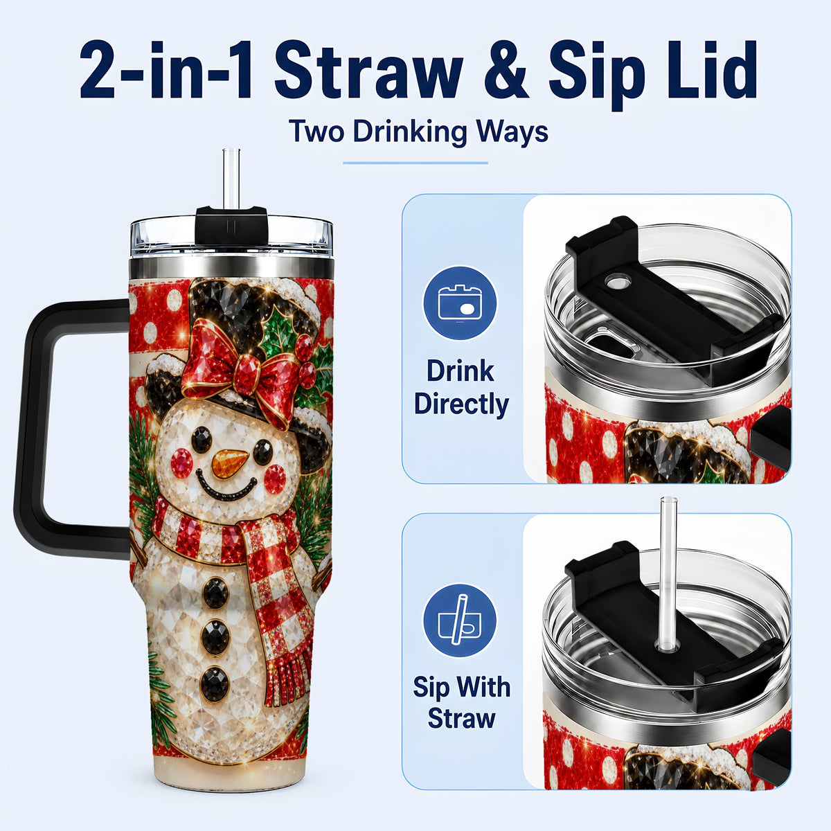 #pl[40oz|Black] Top Hat Snowman 40oz Tumbler with Handle, Plaid Winter Travel Cup
