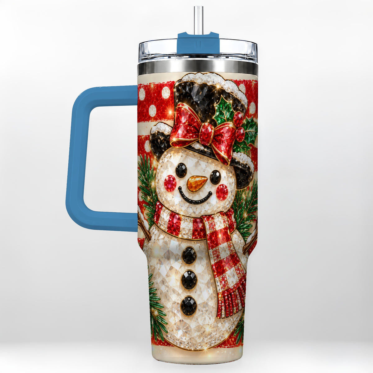 #pl[40oz|Blue] Top Hat Snowman 40oz Tumbler with Handle, Plaid Winter Travel Cup