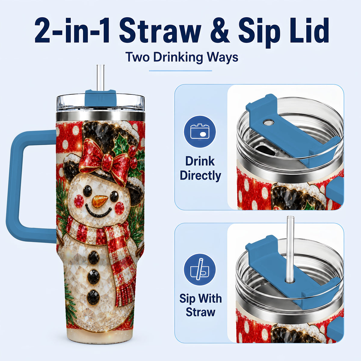 #pl[40oz|Blue] Top Hat Snowman 40oz Tumbler with Handle, Plaid Winter Travel Cup