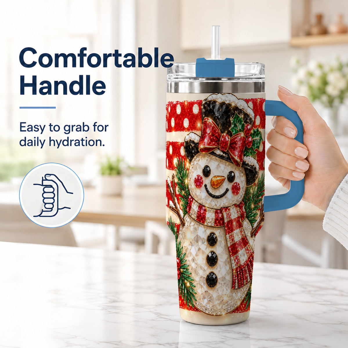 #pl[40oz|Blue] Top Hat Snowman 40oz Tumbler with Handle, Plaid Winter Travel Cup