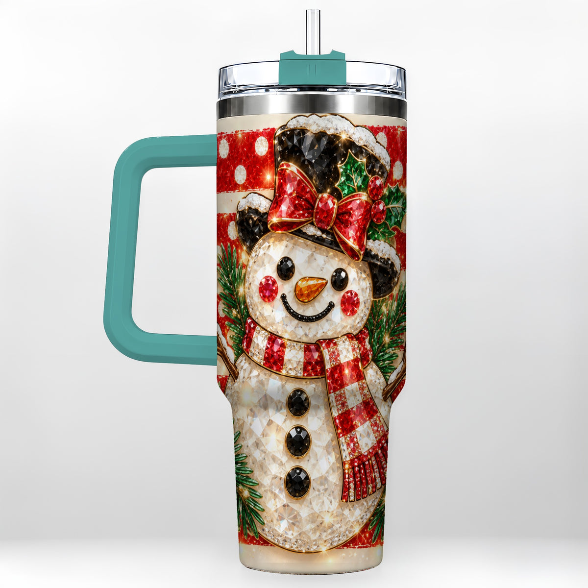#pl[40oz|Green] Top Hat Snowman 40oz Tumbler with Handle, Plaid Winter Travel Cup