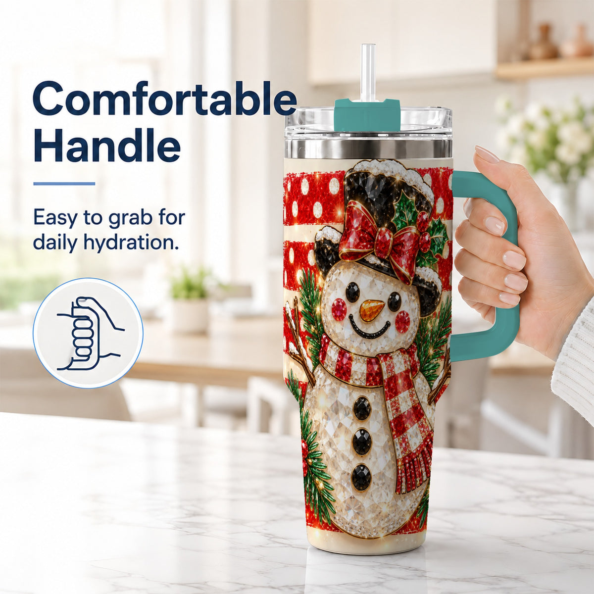 #pl[40oz|Green] Top Hat Snowman 40oz Tumbler with Handle, Plaid Winter Travel Cup