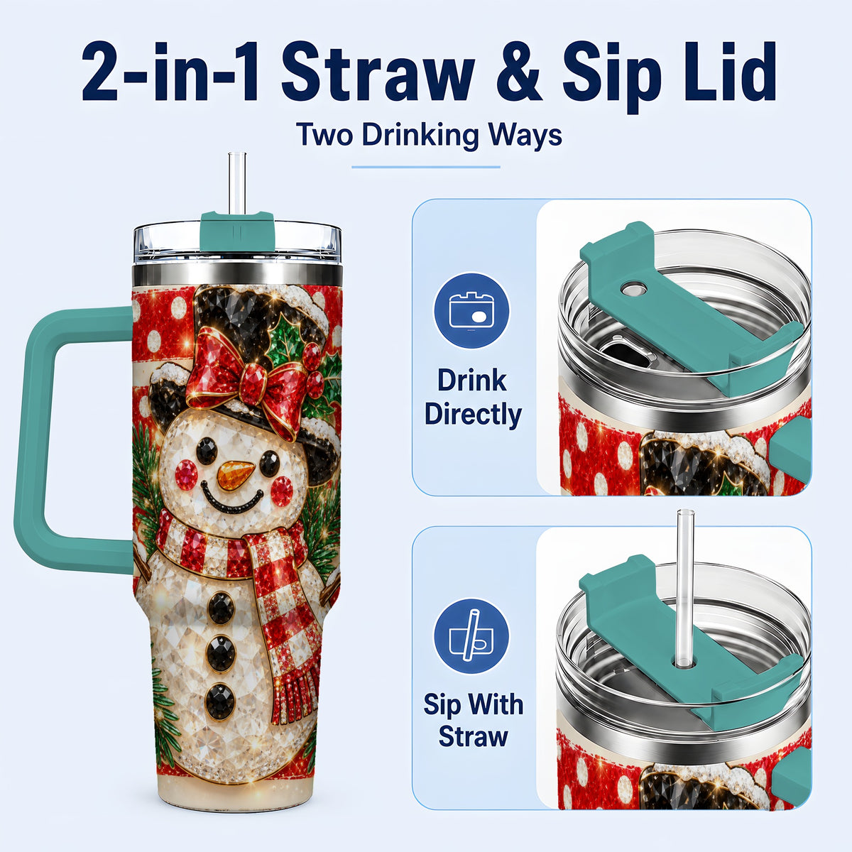 #pl[40oz|Green] Top Hat Snowman 40oz Tumbler with Handle, Plaid Winter Travel Cup