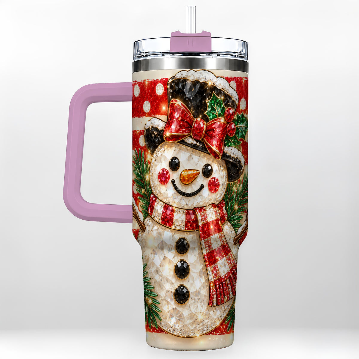 #pl[40oz|Pink] Top Hat Snowman 40oz Tumbler with Handle, Plaid Winter Travel Cup