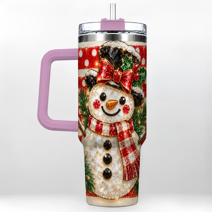 #pl[40oz|Pink] Top Hat Snowman 40oz Tumbler with Handle, Plaid Winter Travel Cup
