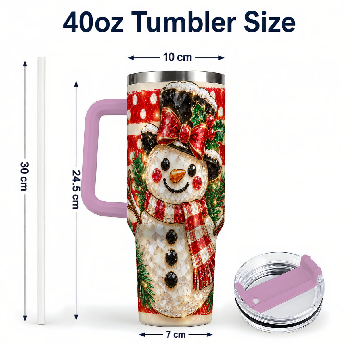 #pl[40oz|Pink] Top Hat Snowman 40oz Tumbler with Handle, Plaid Winter Travel Cup