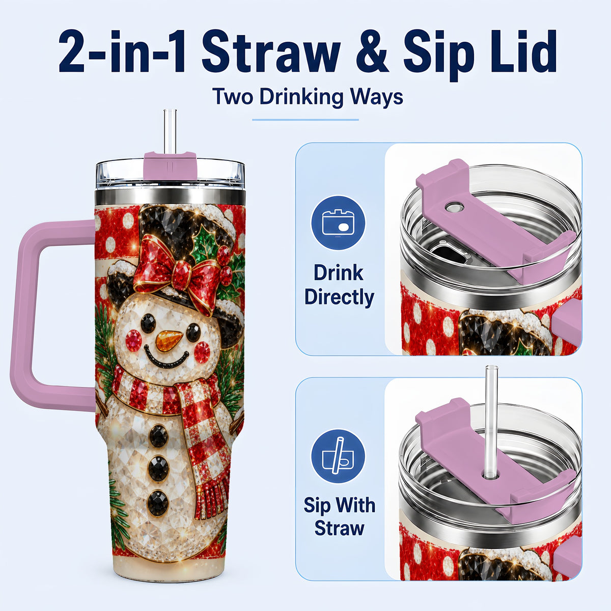 #pl[40oz|Pink] Top Hat Snowman 40oz Tumbler with Handle, Plaid Winter Travel Cup