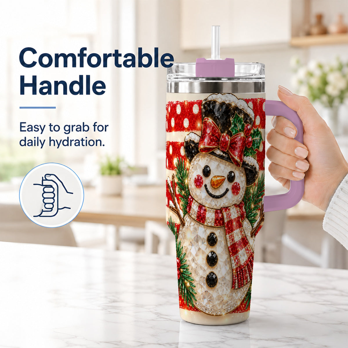 #pl[40oz|Pink] Top Hat Snowman 40oz Tumbler with Handle, Plaid Winter Travel Cup