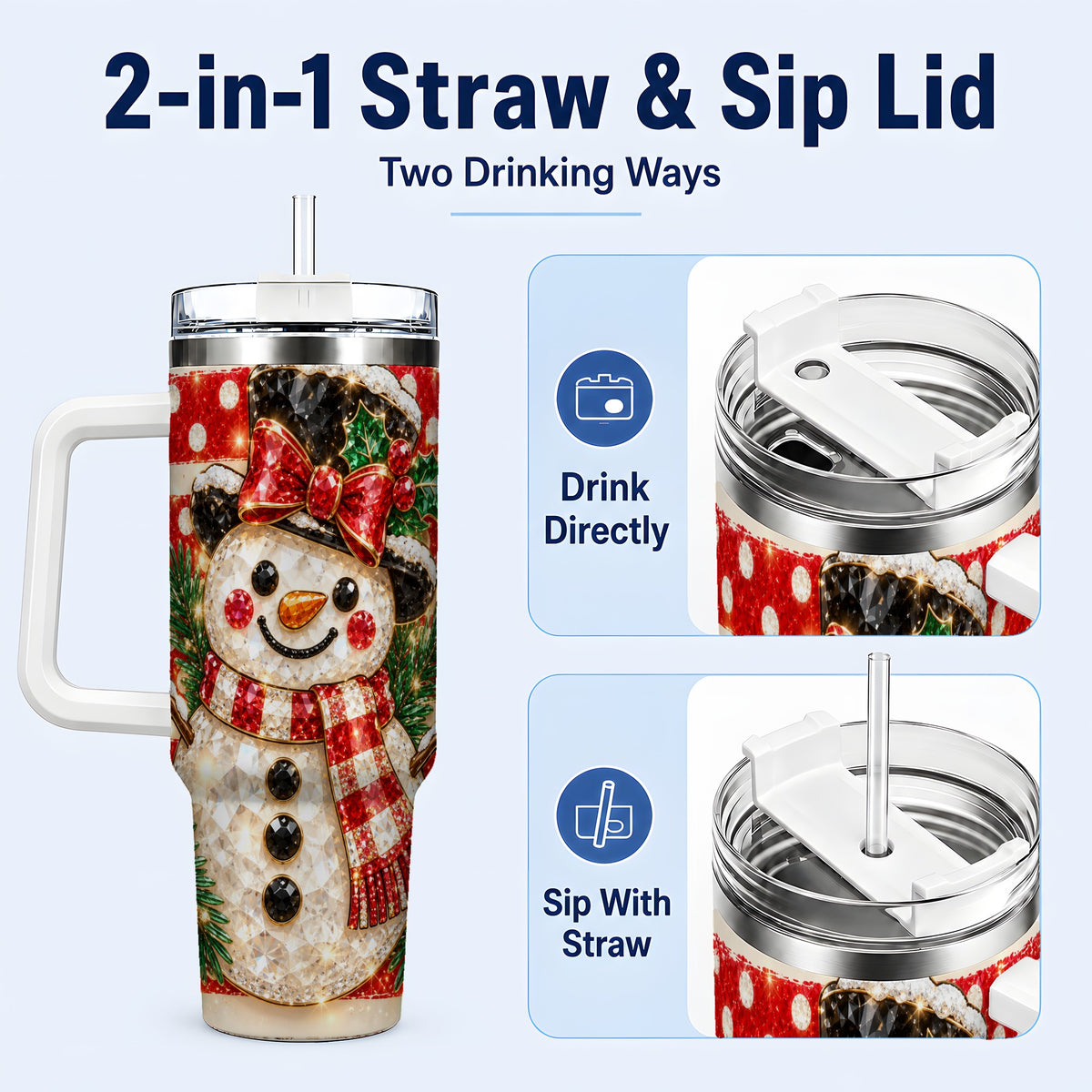 #pl[40oz|White] Top Hat Snowman 40oz Tumbler with Handle, Plaid Winter Travel Cup