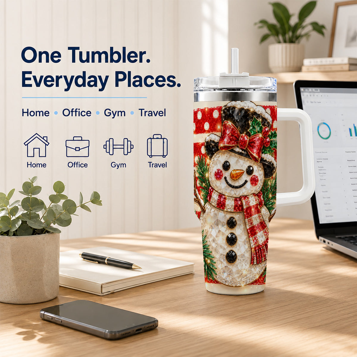 Top Hat Snowman 40oz Tumbler with Handle, Plaid Winter Travel Cup