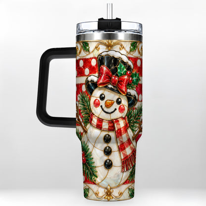 #pl[40oz|Black] Ornate Snowman 40oz Tumbler with Handle, Poinsettia Travel Cup