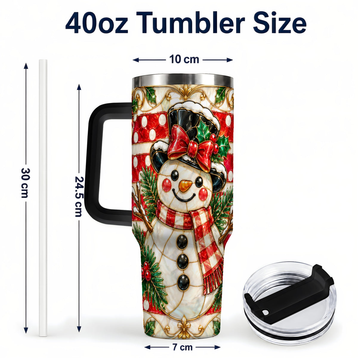 #pl[40oz|Black] Ornate Snowman 40oz Tumbler with Handle, Poinsettia Travel Cup