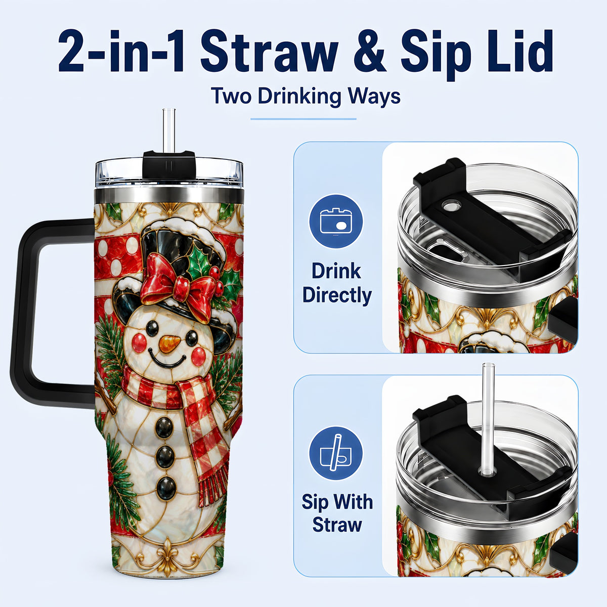 #pl[40oz|Black] Ornate Snowman 40oz Tumbler with Handle, Poinsettia Travel Cup