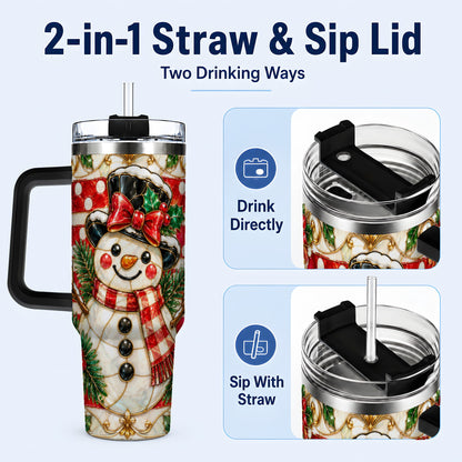 #pl[40oz|Black] Ornate Snowman 40oz Tumbler with Handle, Poinsettia Travel Cup
