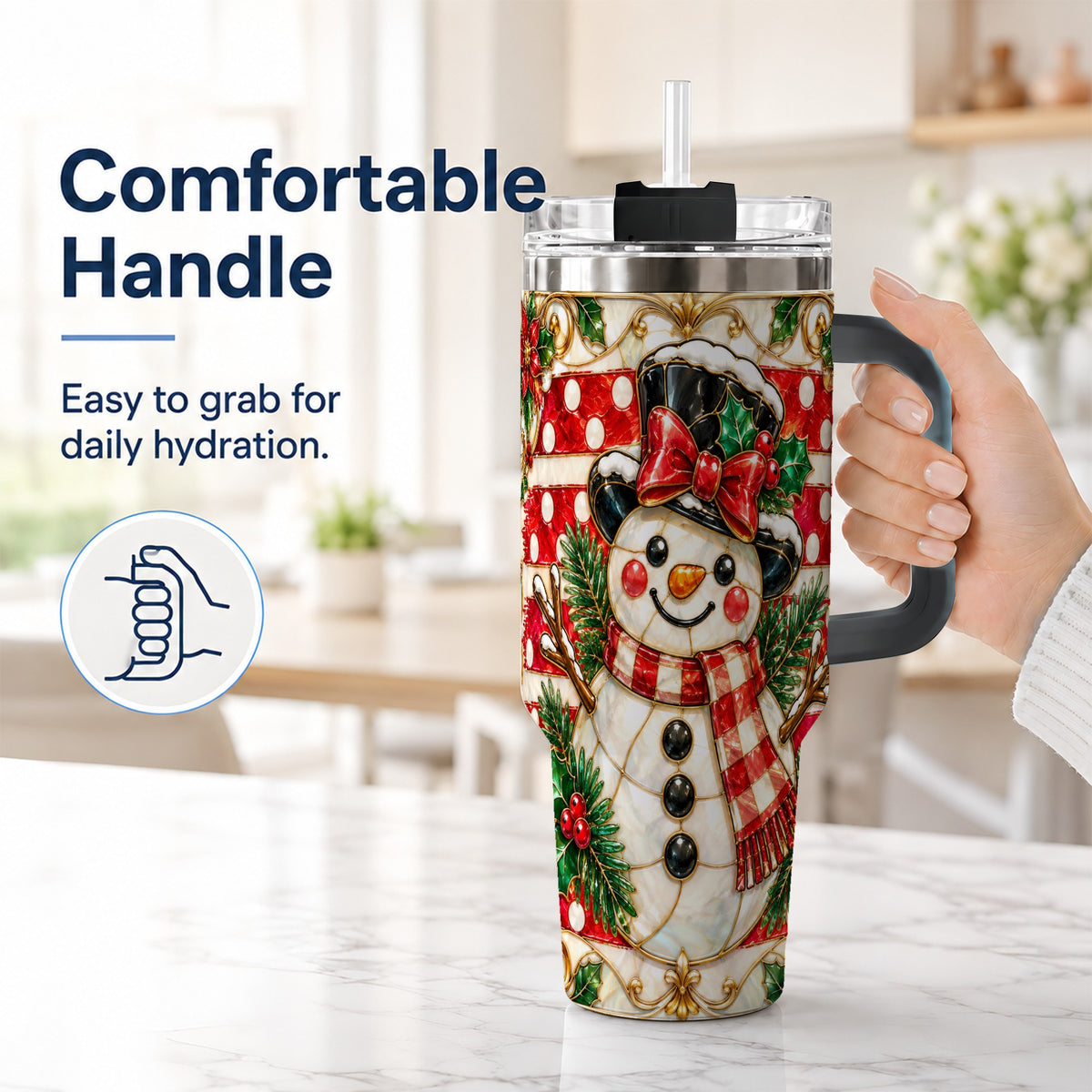 #pl[40oz|Black] Ornate Snowman 40oz Tumbler with Handle, Poinsettia Travel Cup