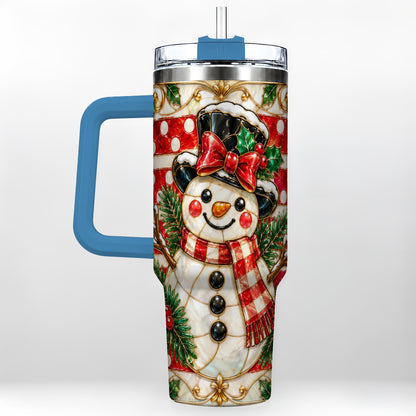 #pl[40oz|Blue] Ornate Snowman 40oz Tumbler with Handle, Poinsettia Travel Cup