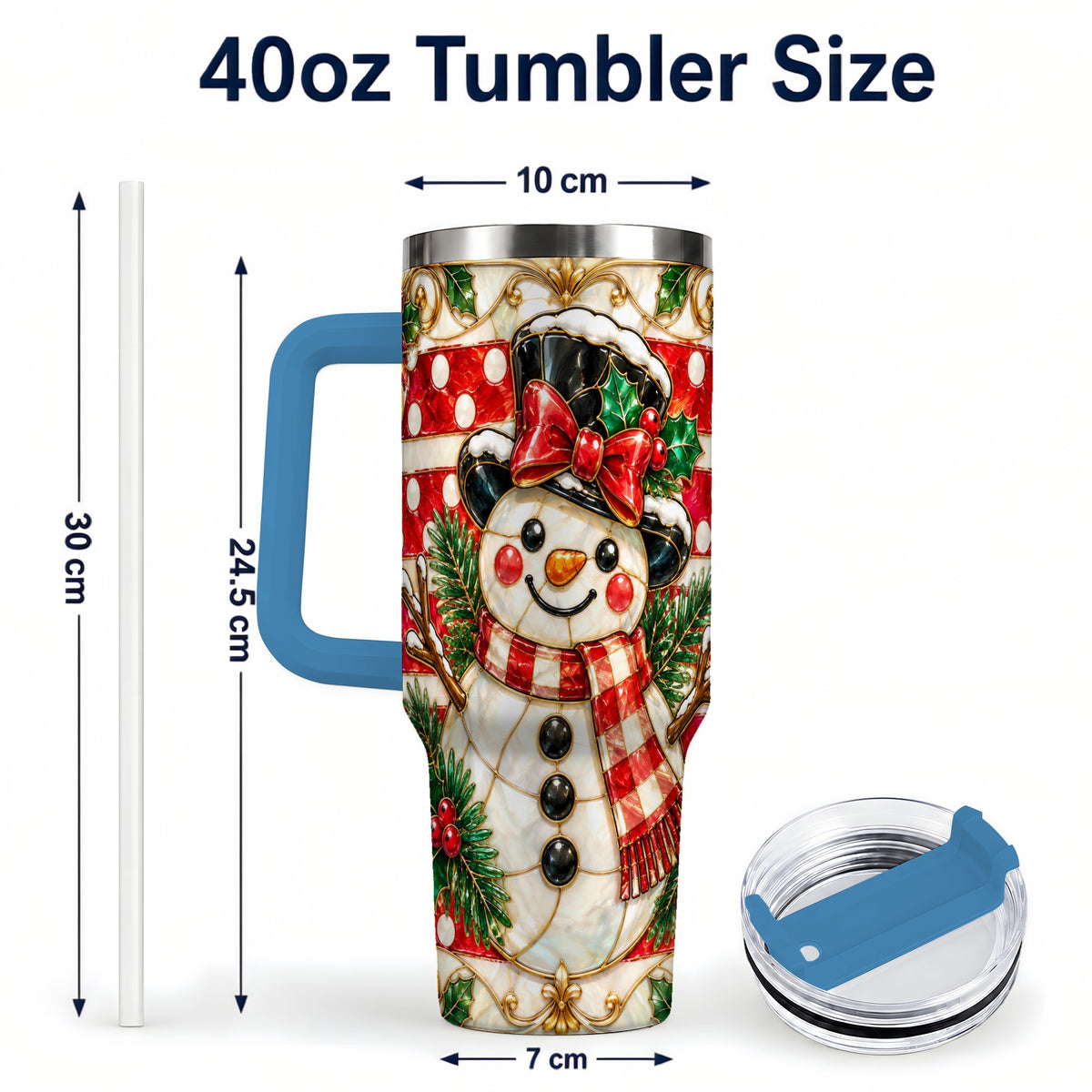 #pl[40oz|Blue] Ornate Snowman 40oz Tumbler with Handle, Poinsettia Travel Cup