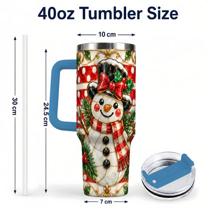#pl[40oz|Blue] Ornate Snowman 40oz Tumbler with Handle, Poinsettia Travel Cup