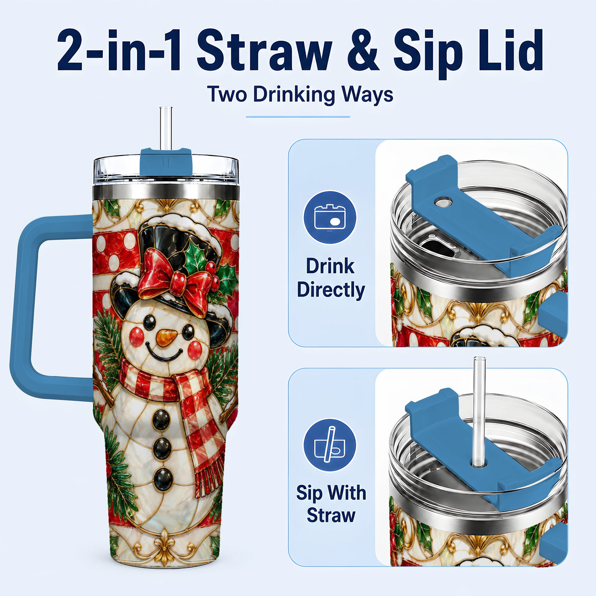 #pl[40oz|Blue] Ornate Snowman 40oz Tumbler with Handle, Poinsettia Travel Cup