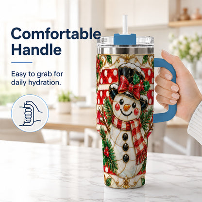 #pl[40oz|Blue] Ornate Snowman 40oz Tumbler with Handle, Poinsettia Travel Cup