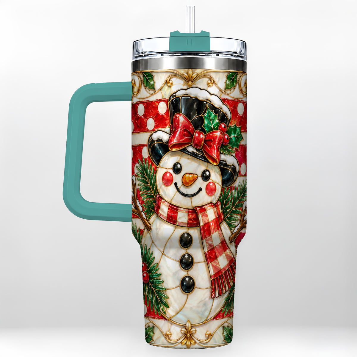 #pl[40oz|Green] Ornate Snowman 40oz Tumbler with Handle, Poinsettia Travel Cup