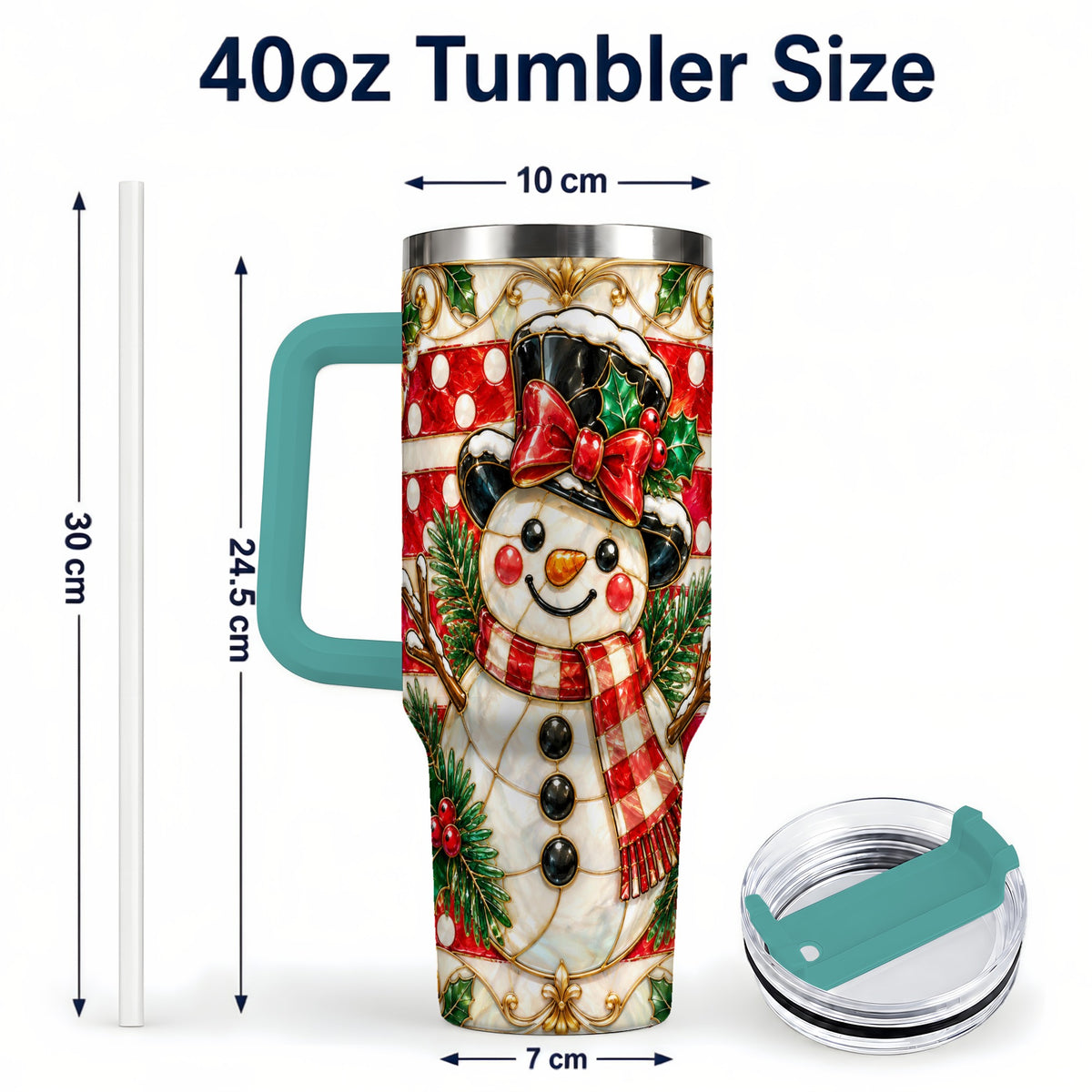 #pl[40oz|Green] Ornate Snowman 40oz Tumbler with Handle, Poinsettia Travel Cup