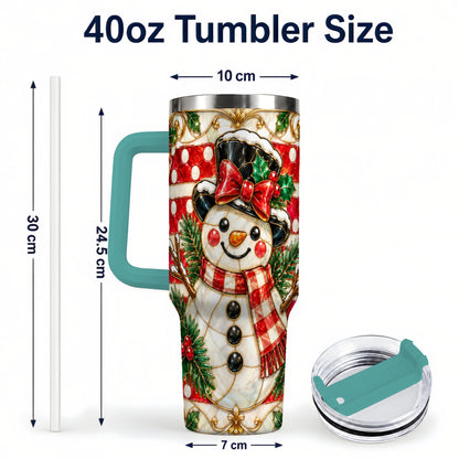 #pl[40oz|Green] Ornate Snowman 40oz Tumbler with Handle, Poinsettia Travel Cup