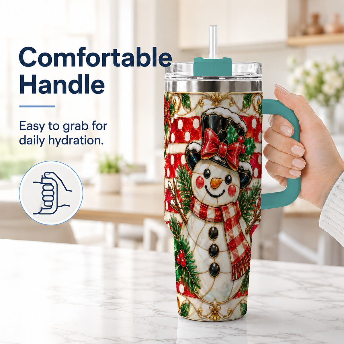 #pl[40oz|Green] Ornate Snowman 40oz Tumbler with Handle, Poinsettia Travel Cup