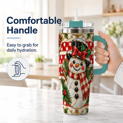 #pl[40oz|Green] Ornate Snowman 40oz Tumbler with Handle, Poinsettia Travel Cup