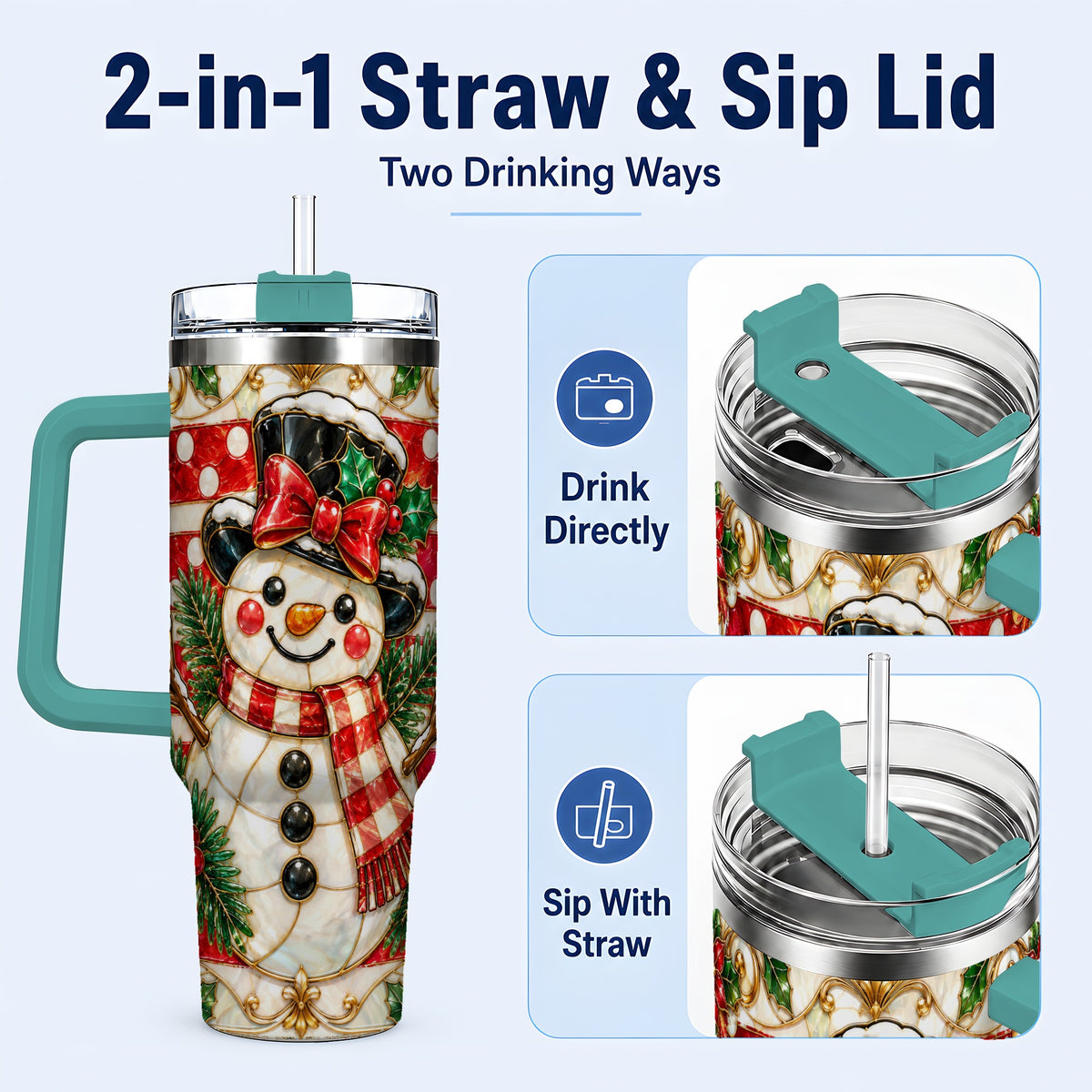 #pl[40oz|Green] Ornate Snowman 40oz Tumbler with Handle, Poinsettia Travel Cup