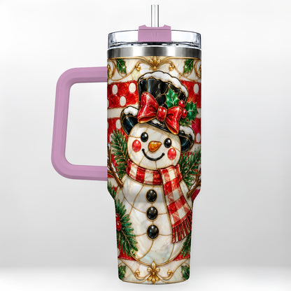 #pl[40oz|Pink] Ornate Snowman 40oz Tumbler with Handle, Poinsettia Travel Cup